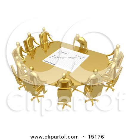 Group Of Gold People Seated And Holding A Meeting At A Golden Conference Table While The Boss Reviews A Financial Chart  Posters, Art Prints