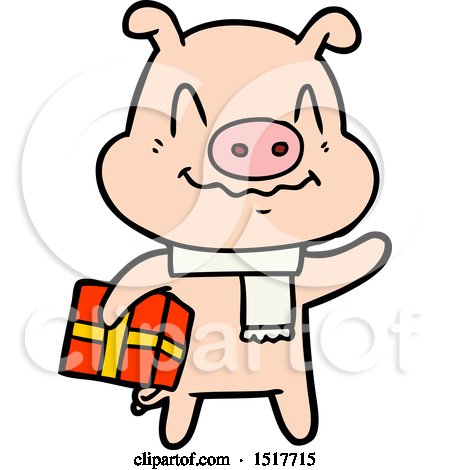 Nervous Cartoon Pig with Present by lineartestpilot