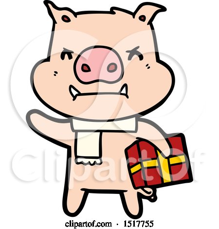 Angry Cartoon Pig with Christmas Gift by lineartestpilot