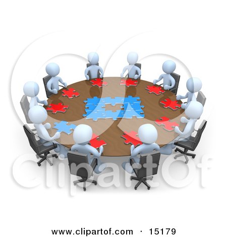 Group Of Light Blue People Holding A Meeting And Trying To Solve A Jigsaw Around A Large Rectangular Conference Table In An Office Clipart Illustration Image by 3poD