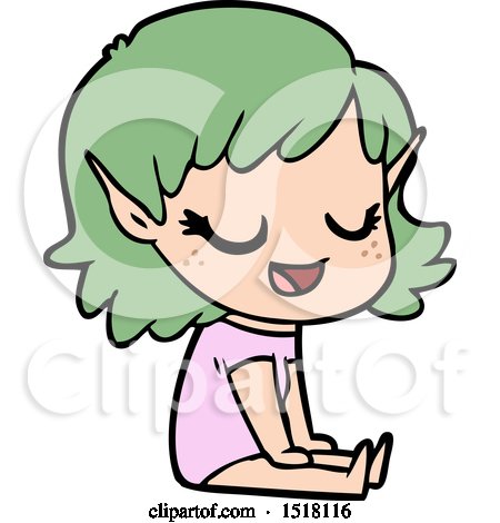Happy Cartoon Elf Girl Sitting on Floor by lineartestpilot