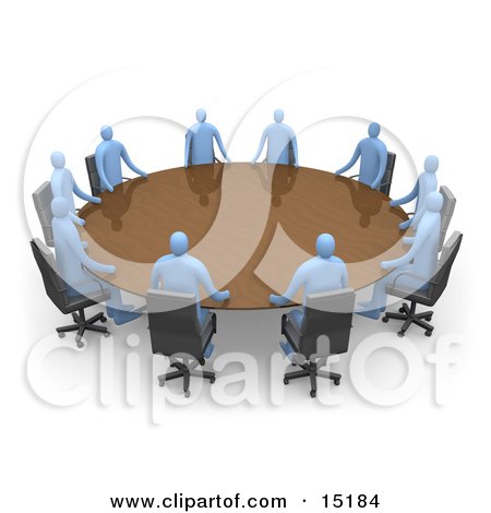 Group Of Blue People Seated And Holding A Meeting At A Large Golden Conference Table Clipart Illustration Image by 3poD