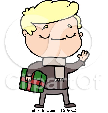 Cartoon Man Carrying Christmas Present Waving by lineartestpilot