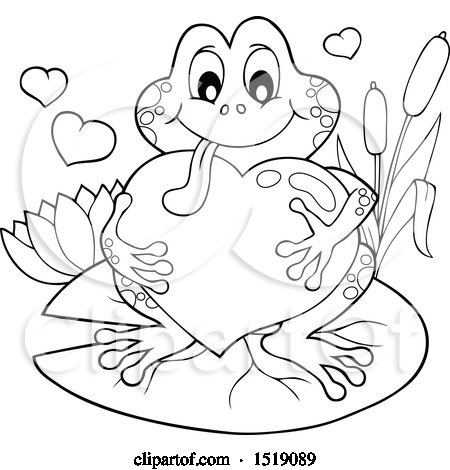 Clipart of a Black and White Valentine Frog Hugging a Heart on a Lily Pad - Royalty Free Vector Illustration by visekart