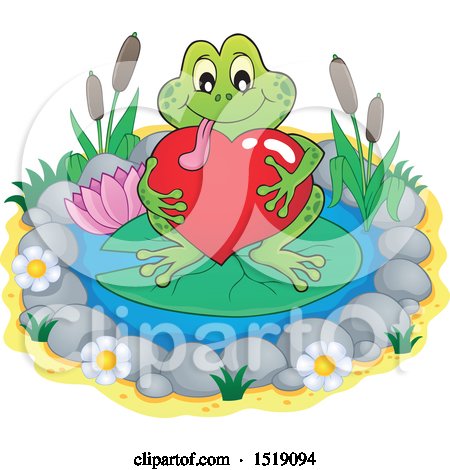 Clipart of a Valentine Frog Hugging a Heart on a Lily Pad - Royalty Free Vector Illustration by visekart