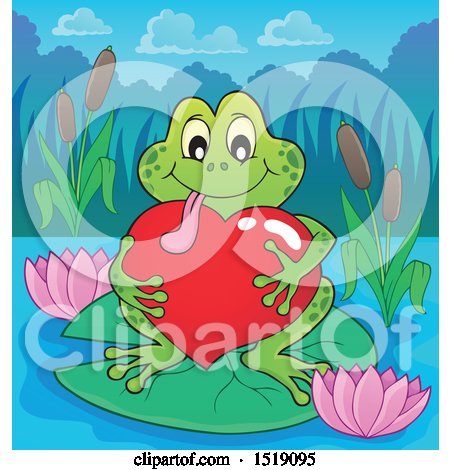Clipart of a Valentine Frog Hugging a Heart on a Lily Pad - Royalty Free Vector Illustration by visekart