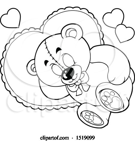 Clipart of a Black and White Valentine Teddy Bear Sleeping on a Heart - Royalty Free Vector Illustration by visekart