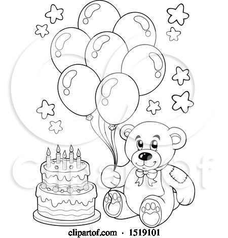 Clipart of a Black and White Teddy Bear Holding Party Balloons by a Cake - Royalty Free Vector Illustration by visekart
