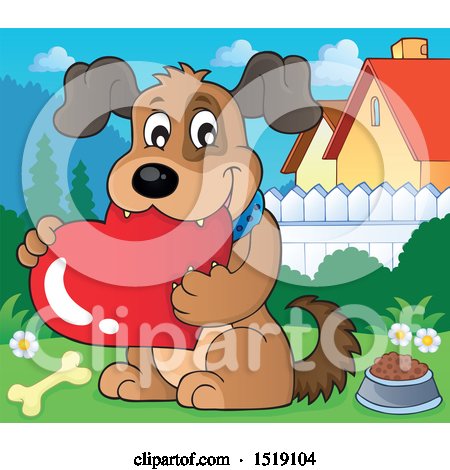 Clipart of a Dog Holding a Valentine Heart in a Yard - Royalty Free Vector Illustration by visekart