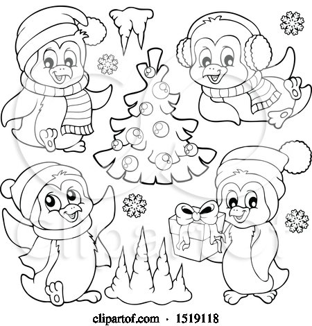 Clipart of Black and White Christmas Penguins - Royalty Free Vector Illustration by visekart