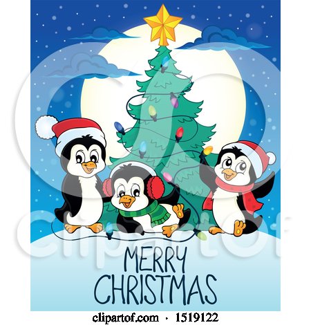 Clipart of a Christmas Tree with Penguins and a Greeting - Royalty Free Vector Illustration by visekart