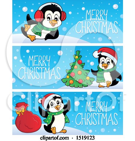 Clipart of Merry Christmas Banners with Penguins - Royalty Free Vector Illustration by visekart
