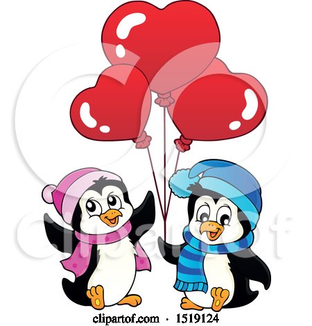 Clipart of Penguins Holding Heart Balloons - Royalty Free Vector Illustration by visekart
