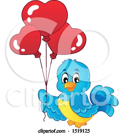 Clipart of a Blue Bird Holding Valentine Heart Balloons - Royalty Free Vector Illustration by visekart