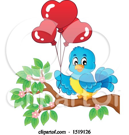 Clipart of a Blue Bird Holding Valentine Heart Balloons - Royalty Free Vector Illustration by visekart