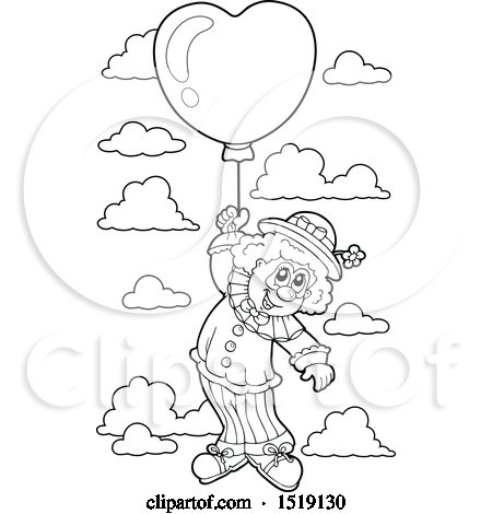 Clipart of a Black and White Clown Floating with a Valentine Heart Balloon - Royalty Free Vector Illustration by visekart