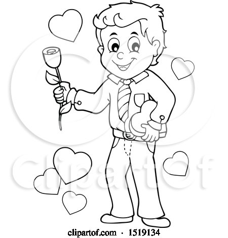 Clipart of a Black and White Male Valentine Holding a Heart and Rose - Royalty Free Vector Illustration by visekart