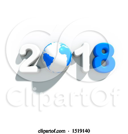 Clipart of a 3d New Year 2018 Design with a Blue and White Globe, on a Shaded White Background - Royalty Free Illustration by chrisroll