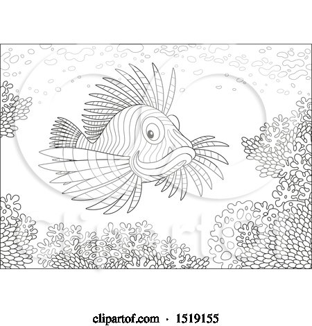 Clipart of a Black and White Lionfish at a Coral Reef - Royalty Free Vector Illustration by Alex Bannykh
