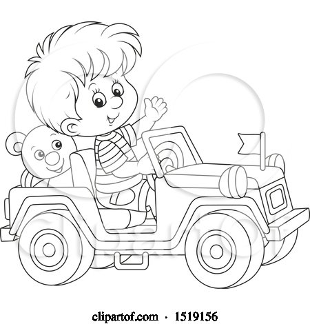 Clipart of a Black and White Boy Playing in a Toy Jeep - Royalty Free Vector Illustration by Alex Bannykh