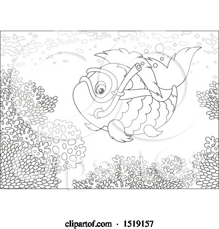Clipart of a Black and White Snorkeling Fish at a Reef - Royalty Free Vector Illustration by Alex Bannykh