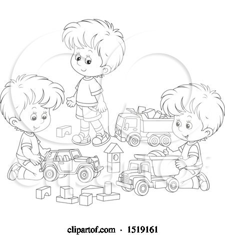 Clipart of a Black and White Group of Boys Playing with Toy Trucks - Royalty Free Vector Illustration by Alex Bannykh