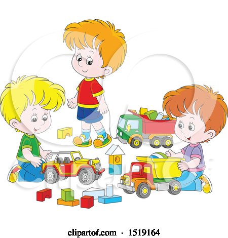 Clipart of a Group of White Boys Playing with Toy Trucks - Royalty Free Vector Illustration by Alex Bannykh