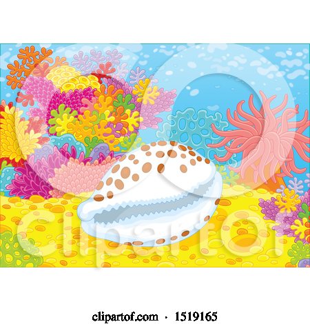 Clipart of a Cowry Shell at a Coral Reef - Royalty Free Vector Illustration by Alex Bannykh
