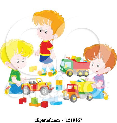 Clipart of a Group of Caucasian Boys Playing with Toy Trucks - Royalty Free Vector Illustration by Alex Bannykh