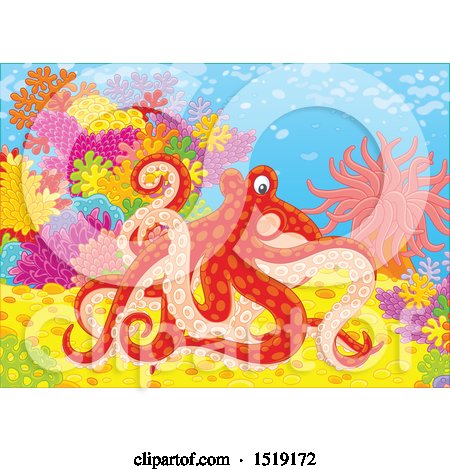 Clipart of a Red Octopus at a Reef - Royalty Free Vector Illustration by Alex Bannykh