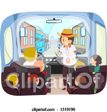 Clipart of a Group of Children and a Guide on a Bus, Exploring a West Town - Royalty Free Vector Illustration by BNP Design Studio