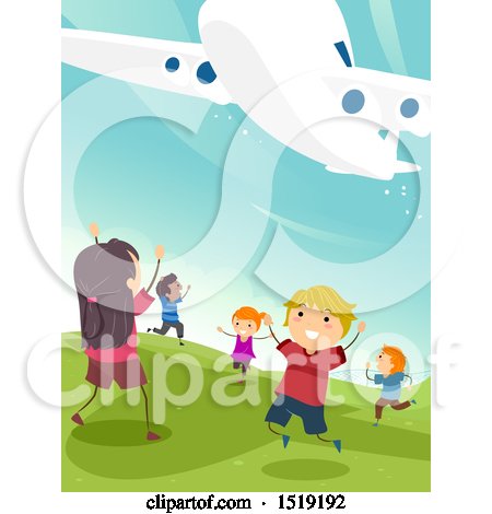Clipart of a Group of Children Under a Plane at an Airport - Royalty Free Vector Illustration by BNP Design Studio