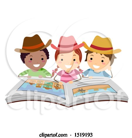 Clipart of a Group of Children Wearing Cowboy Hats and Reading a Western Book - Royalty Free Vector Illustration by BNP Design Studio
