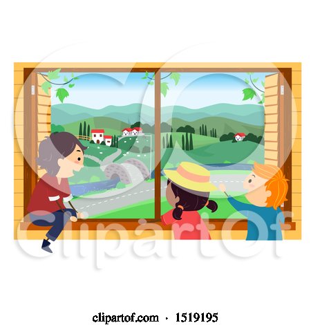 Clipart of a Group of Children Looking out from a Rural Window - Royalty Free Vector Illustration by BNP Design Studio
