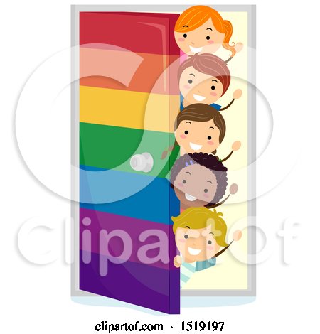 Clipart of a Group of Children Waving Beind a Rainbow Door - Royalty Free Vector Illustration by BNP Design Studio