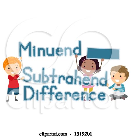 Clipart of a Group of Children with Minus Sign, Minuend, Subtrahend and Difference Math Terms - Royalty Free Vector Illustration by BNP Design Studio