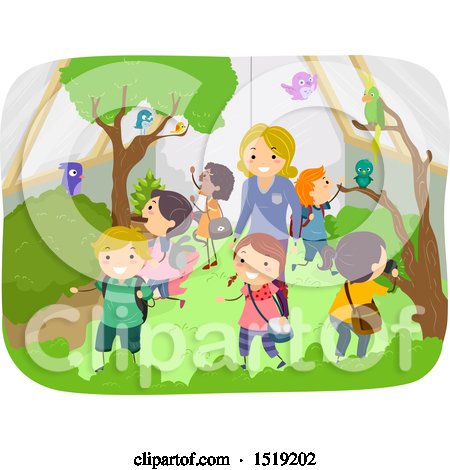 Clipart of a Teacher and School Children Exploring an Aviary - Royalty Free Vector Illustration by BNP Design Studio