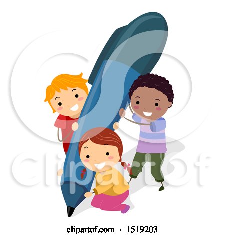 Clipart of a Group of School Children with a Giant Pen - Royalty Free Vector Illustration by BNP Design Studio