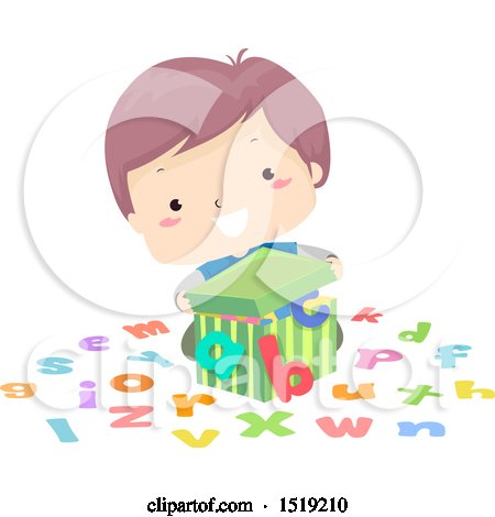 Clipart of a Boy Opening an Alphabet Letter Box - Royalty Free Vector Illustration by BNP Design Studio