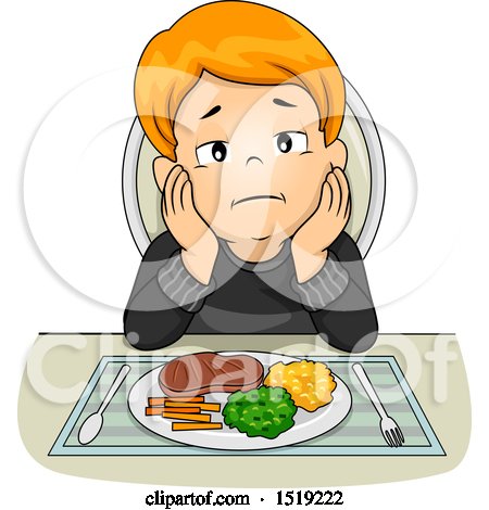 Clipart of a Boy Sitting with No Appetite in Front of His Dinner - Royalty Free Vector Illustration by BNP Design Studio