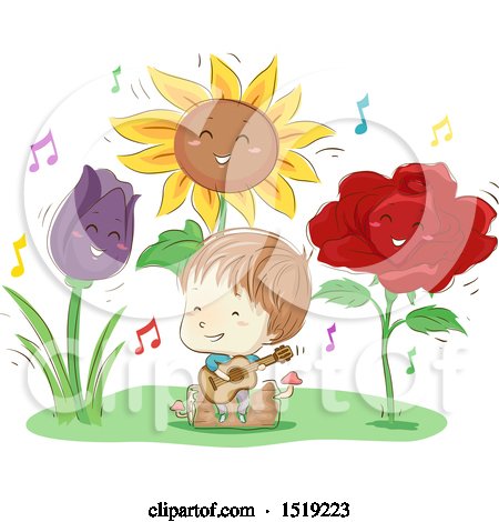 Clipart of a Sketched Boy Playing a Guitar Around Happy Giant Flowers - Royalty Free Vector Illustration by BNP Design Studio