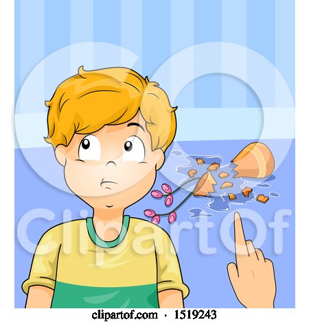 Clipart of a Boy Denying Breaking a Vase - Royalty Free Vector Illustration by BNP Design Studio