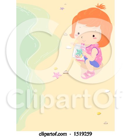 Clipart of a Girl Picking up Starfish on a Beach - Royalty Free Vector Illustration by BNP Design Studio
