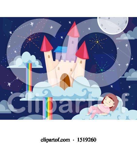 Clipart of a Girl Sleeping on a Cloud near a Floating Castle - Royalty Free Vector Illustration by BNP Design Studio