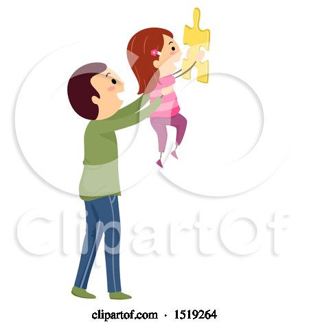 Clipart of a Father Holding up His Daughter with a Jigsaw Puzzle Piece - Royalty Free Vector Illustration by BNP Design Studio