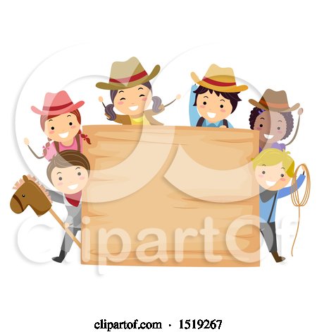 Clipart of a Group of Children Wearing Cowboy Hats Around a Wood Sign - Royalty Free Vector Illustration by BNP Design Studio