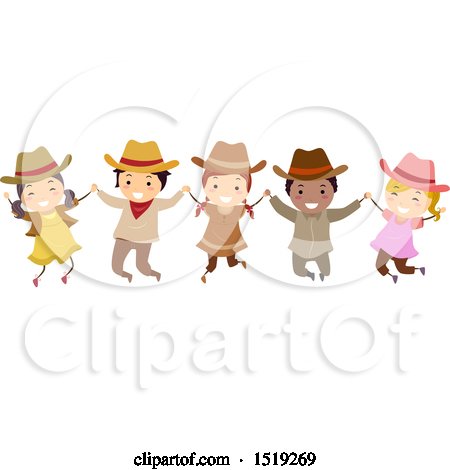 Clipart of a Group of Children Wearing Cowboy Hats, Holding Hands and Jumping - Royalty Free Vector Illustration by BNP Design Studio