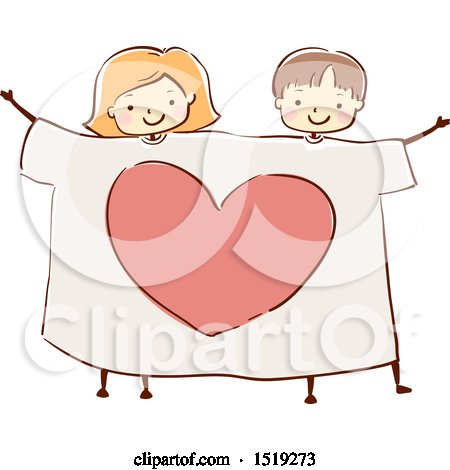 Clipart of a Sketched Boy and Girl Sharing a Giant Heart Shirt - Royalty Free Vector Illustration by BNP Design Studio
