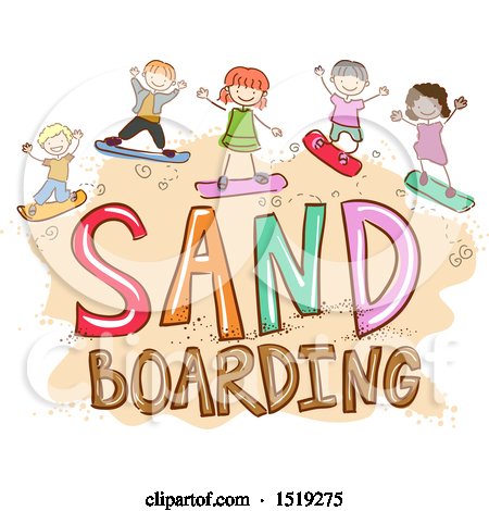 Clipart of a Sketched Group of Children Sand Boarding - Royalty Free Vector Illustration by BNP Design Studio