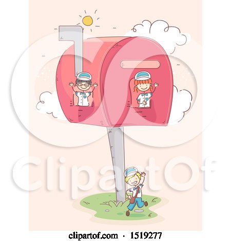 Clipart of a Sketched Group of Children Playing in a Mailbox House - Royalty Free Vector Illustration by BNP Design Studio
